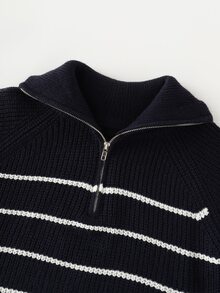 Pariaura Pull à manches raglan avec demi-zip et motif rayé - Bleu marine - Voir 7