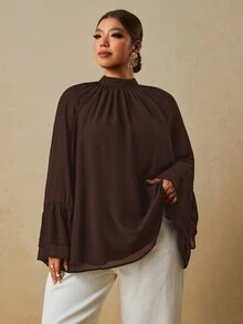Travachic 大尺碼女款純色立領落肩喇叭袖時尚襯衫 - 咖啡棕 - 查看 3