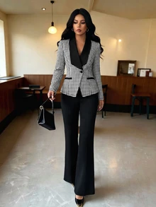 SHEIN Raffinéa Women's Elegant Daily 2 Pieces Set Blazer & Straight Leg Trousers Outfit, Contrast Color Collar Slimming Fashion Suit Fall Winter Office Commuter - Black - View 3