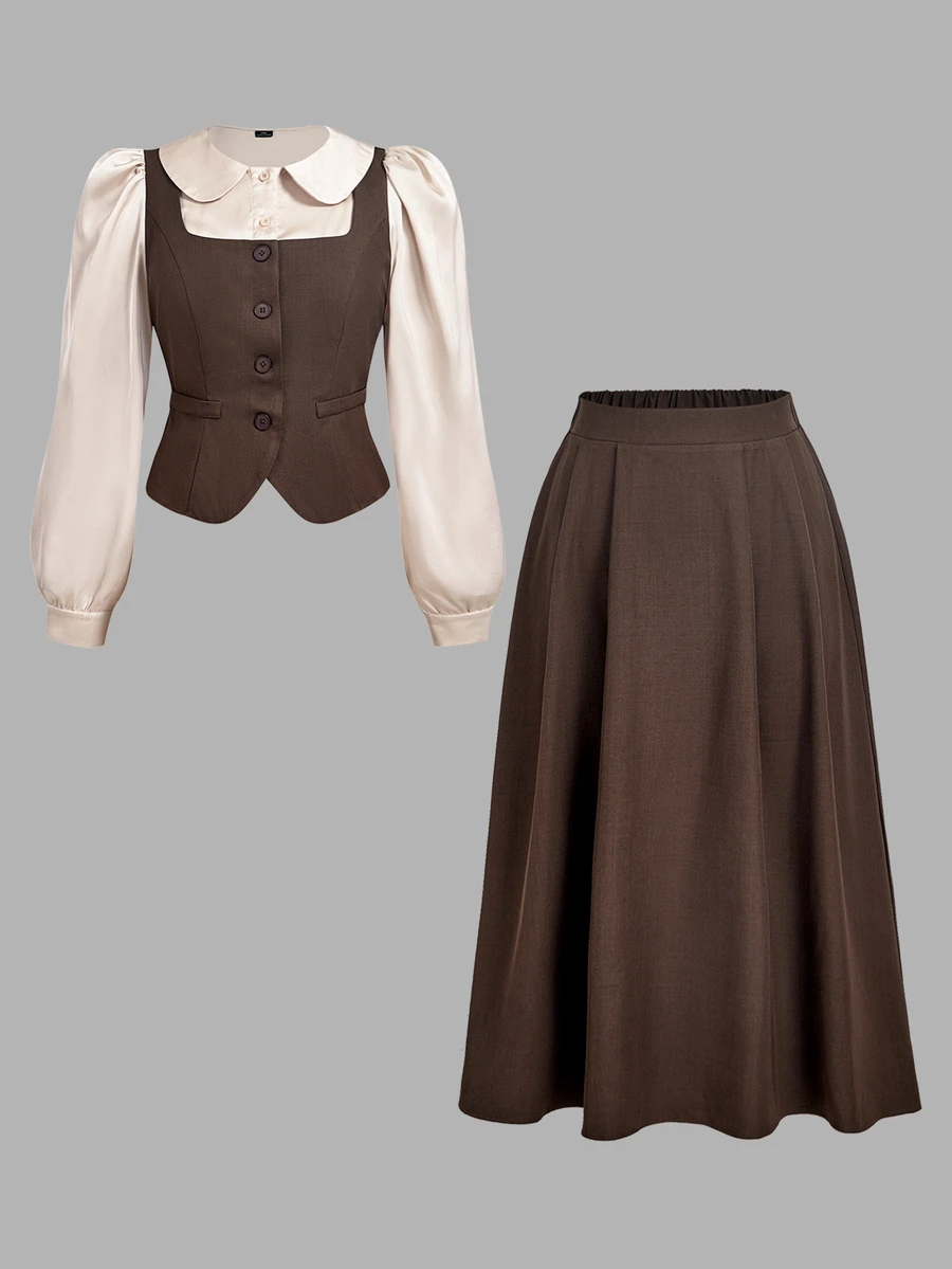 SHEIN MOD Plus Size Vintage Button Petal Sleeve Faux Two Pieces Blouse And Pleated Maxi Skirt Set - Brown - View 1