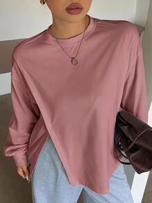 Dazy Plus Small Round Neck Solid Color Casual Versatile Side Slit Design Long Sleeve White Spring Summer Autumn T-Shirt - Pink - View 3