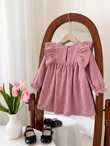 SHEIN Baby Girl Cute Casual Pink Corduroy Floral Pattern Dress - Pink - View 9