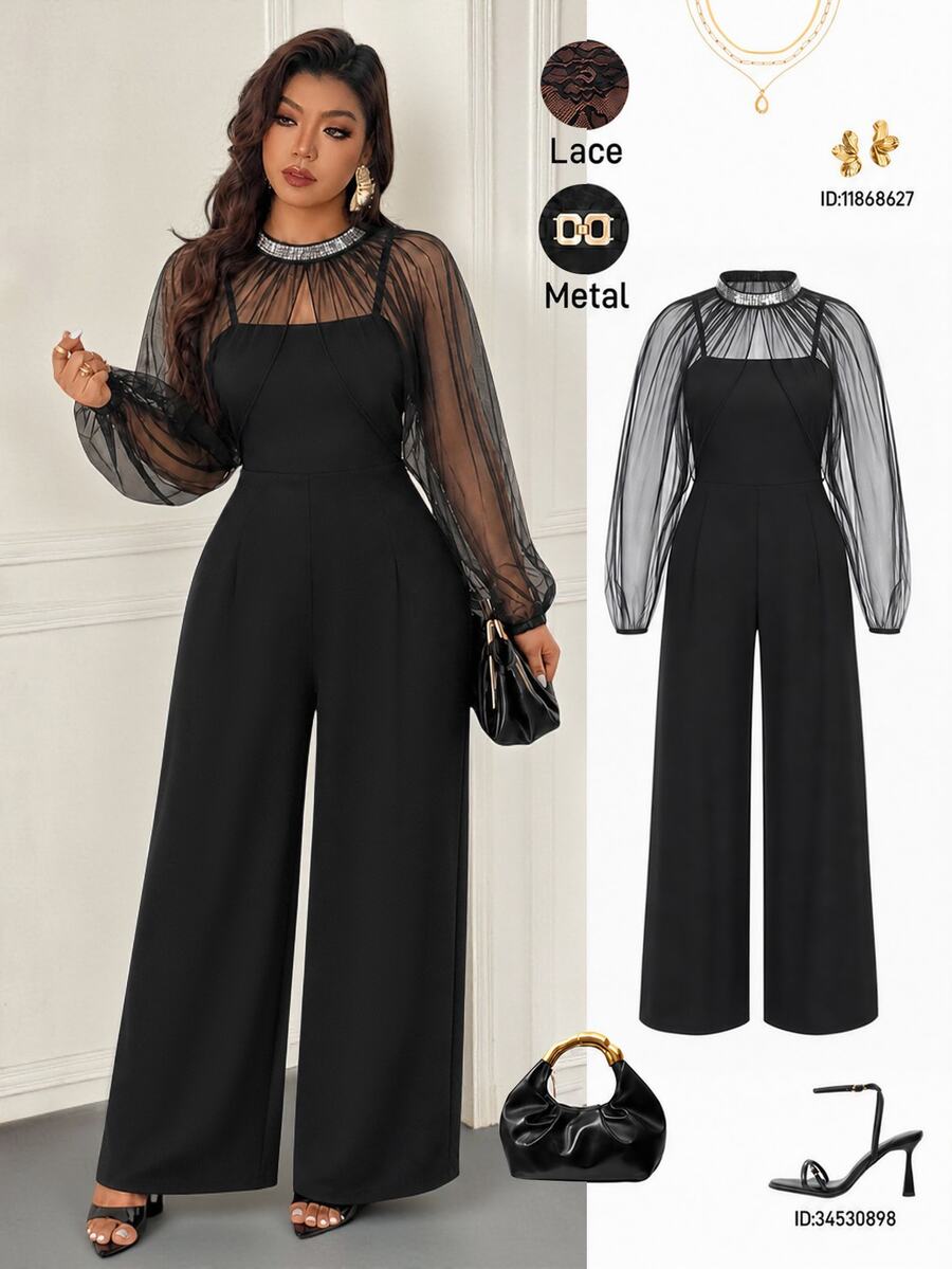 Femmeverse Women Plus Size Elegant Party Tulle Sequin Trim Shawl Strapless Two Pieces Wide Leg Jumpsuit - Black - View 1