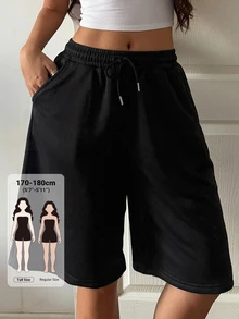 Dazy Tall Women's Elastic Waist Drawstring Loose Straight Leg Solid Black Casual Sports Shorts - Black - View 1