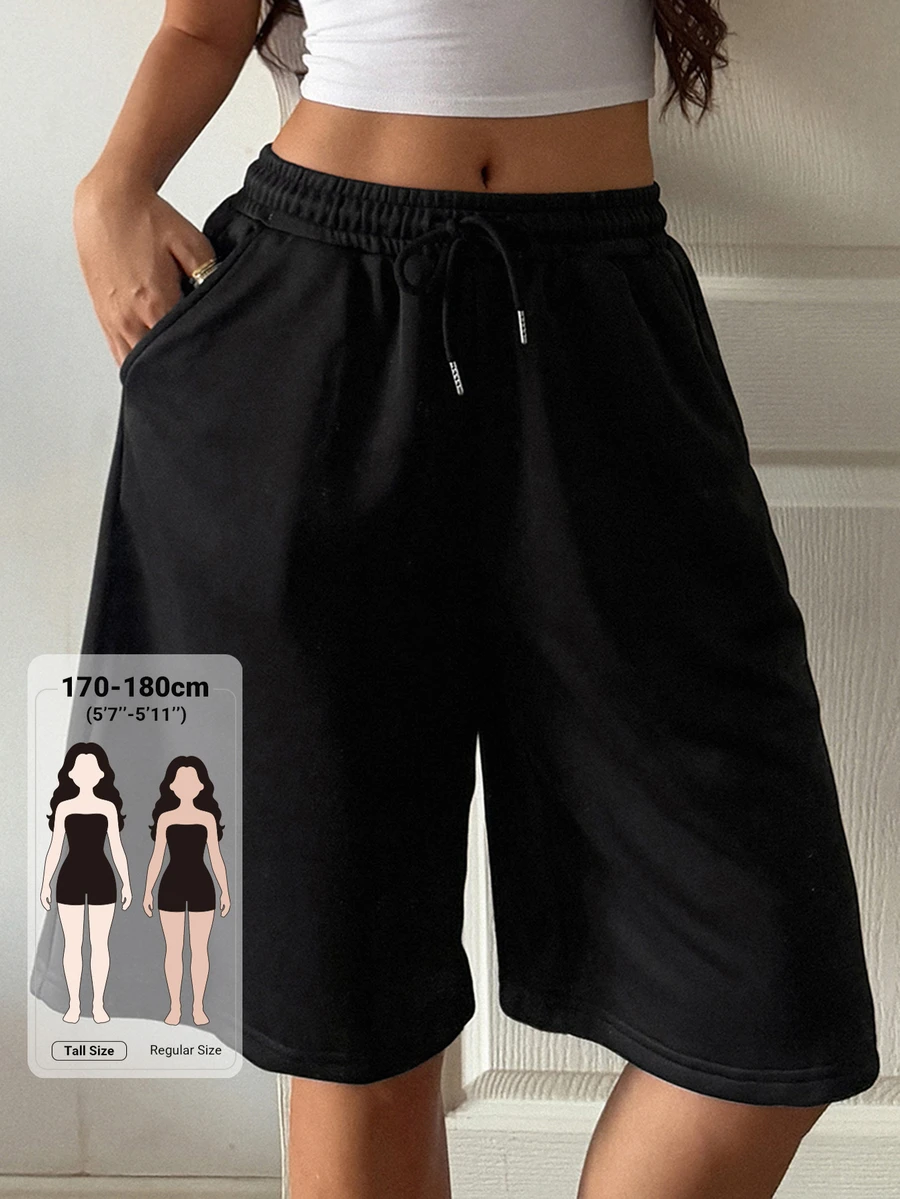 Dazy Tall Women's Elastic Waist Drawstring Loose Straight Leg Solid Black Casual Sports Shorts - Black - View 1