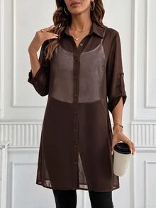 SHEIN Clasi 女款素色休閒百搭日常穿著襯衫 - 咖啡棕 - 查看 5