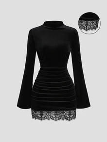 Sweetra Women's Spicy Style Semi-High Neck Flare Sleeve Ruched Bodycon Lace Trim Mini Skirt - Black - View 2