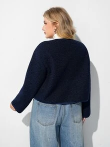 Maija Plus Size Women's Solid Color Casual Daily Wear Wool Blend Coat - Navy Blue - View 5