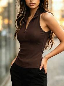SHEIN Slim Fit Casual Vest With Half-Zip Stand Collar Design, Solid Color, Versatile For Multiple Styling Occasions - Coffee Brown - View 7