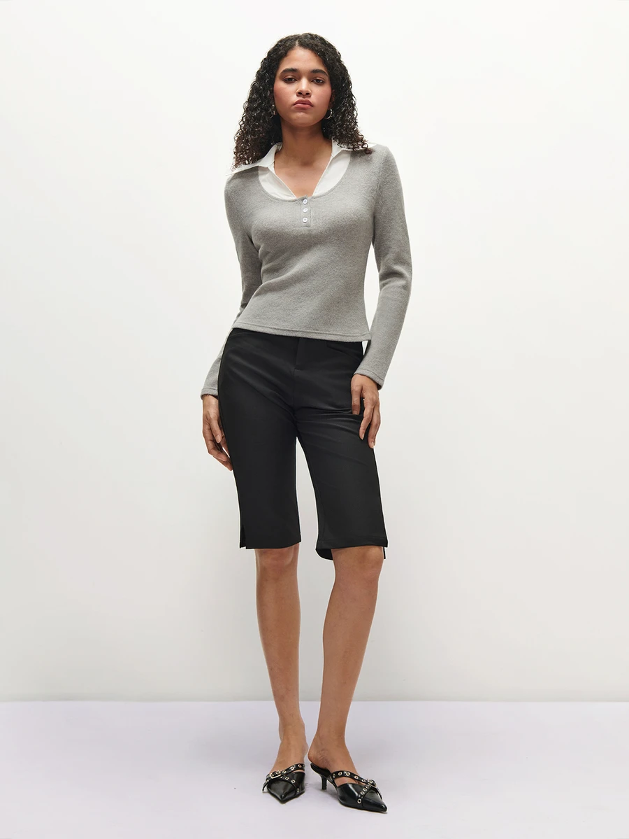 TRNVIE Women's Button Design 2 In 1 Long Sleeve Slim Fit T-Shirt - Grey - View 1