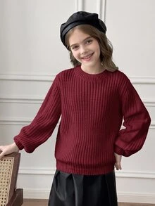 SHEIN 少女純色圓領長袖休閒百搭針織衫 - 紅色 - 查看 5