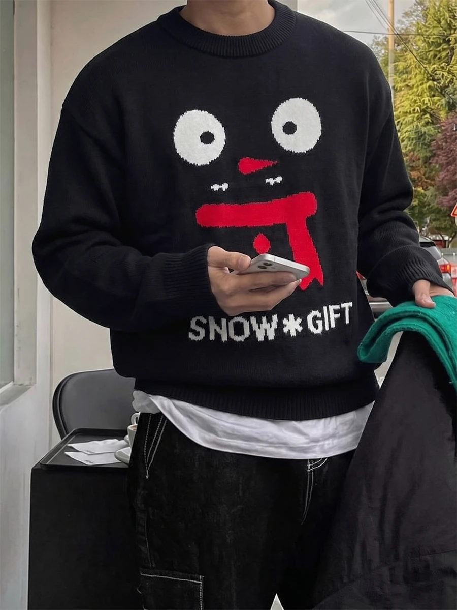 Chillumni Men's Letter Cartoon Pattern Crew Neck Long Sleeve Casual Sweater - Multicolor - View 1