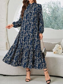 Al Najma 女款花卉圖案燈籠袖荷葉邊優雅阿拉伯風洋裝 - 藏蓝色 - 查看 1