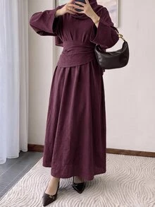 Solavon Women's Solid Color Round Neck Flared Sleeve Ruched Waist Elegant Modest Long Dress Everyday Bday Burgundy Autumn - Burgundy - View 5