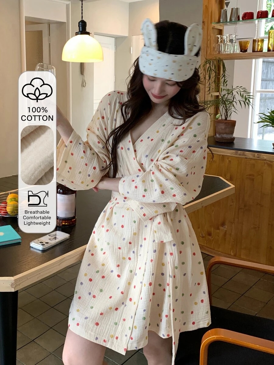 DAZY Women's Fashionable Versatile Polka Dot Contrast Color Robe For Home Wear - White - View 1