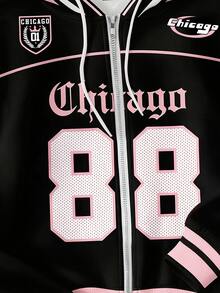 Divinelle 休閒寬鬆連帽復古黑粉對比色字母數字印花開襟運動衫，秋冬款，適合外出、街頭穿搭 Y2K - 彩色 - 查看 7