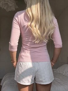 CovetEZ 女款圓領中袖簡約粉色百搭修身短版側開衩T恤，適合秋季，Y2K風格 - 淺粉色 - 查看 2