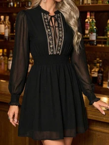 Freevana Floral Embroidery Tie Neck Lantern Sleeve Chiffon Dress - Black - View 3