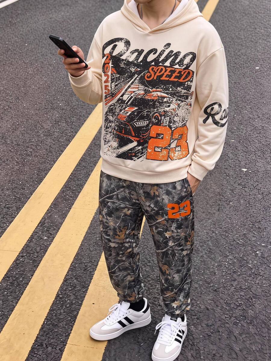 SHEIN 2件組兒童青少年男孩休閒運動數字23賽車圖案卡其色連帽衛衣,適合秋冬、學校、家庭聚會、度假、派對,男孩套裝 - 彩色 - 查看 1