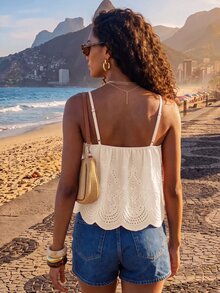 CAJUNI Women's Hollow Embroidery Casual Camisole Tank Top For Vacation - White - View 3