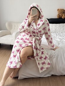 Napfluff CURVE Napfluff CURVE Plus Size Women Cute Plush Bow Print Hooded Robe Autumn Winter - Multicolor - View 1
