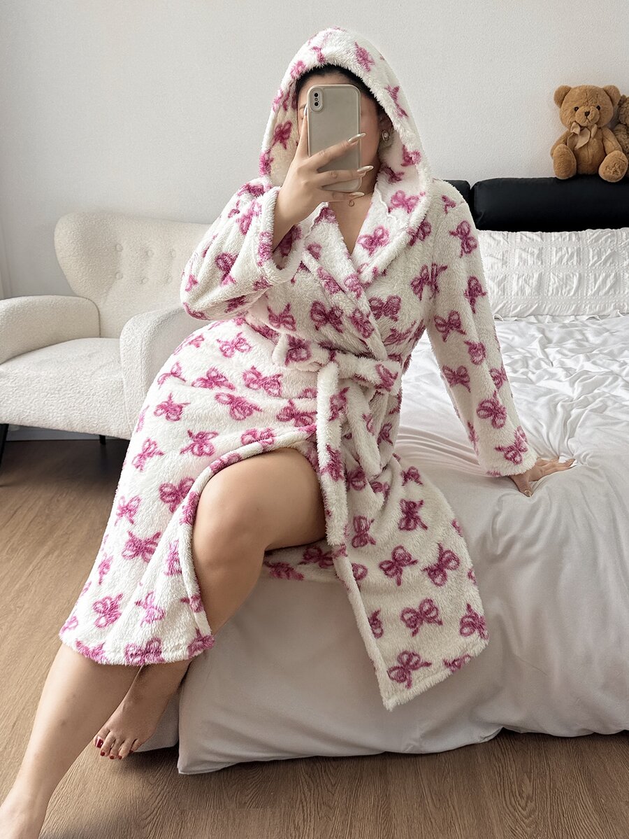 Napfluff CURVE Napfluff CURVE Plus Size Women Cute Plush Bow Print Hooded Robe Autumn Winter - Multicolor - View 1