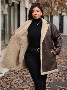 Reflora Plus Size Colorblock PU Material Patchwork Button Long Sleeve Jacket Hiking Holiday Brown Winter Casual Elegant - Brown - View 1