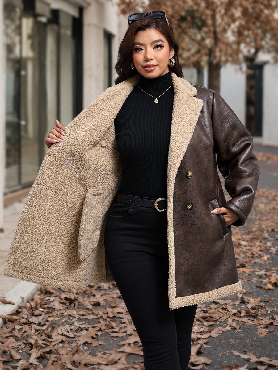 Reflora Plus Size Colorblock PU Material Patchwork Button Long Sleeve Jacket Hiking Holiday Brown Winter Casual Elegant - Brown - View 1