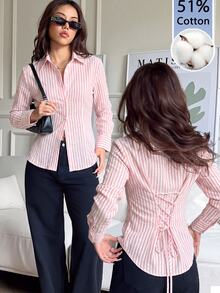 SHEIN EZwear 100%純棉粉色女款休閒百搭修身長袖襯衫，前扣鈕扣、後腰繫帶，適合四季穿著，學院風返校校園穿搭社團服飾，青春休閒風，商務女性辦公室低調老錢風優雅高端通勤機場造型 - 淺粉色 - 查看 1