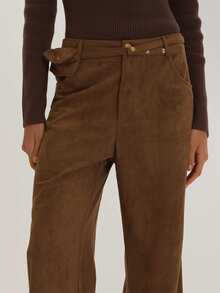 MUSEYN Brown Suede Slim Leg Belt Waistband Detail Pants Versatile Everyday Casual Fall - Camel - View 5