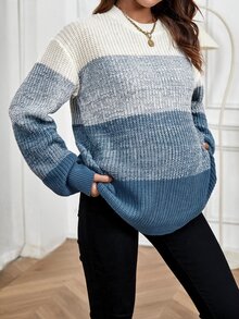 SHEIN Maternity Colorblock Round Neck Dropped Shoulder Long Sleeve Casual Sweater - Blue - View 4