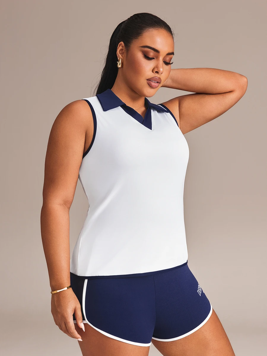 Rhythm Era Women's Plus Size Colorblock Lapel Daily Fitness Sports Tank Top - White - View 1
