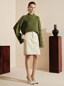 Arave Sweater Kasual Wanita Bahan Akrilik, Potongan Longgar, Lengan Samping, Desain Kancing - Hijau Tentara - View 3