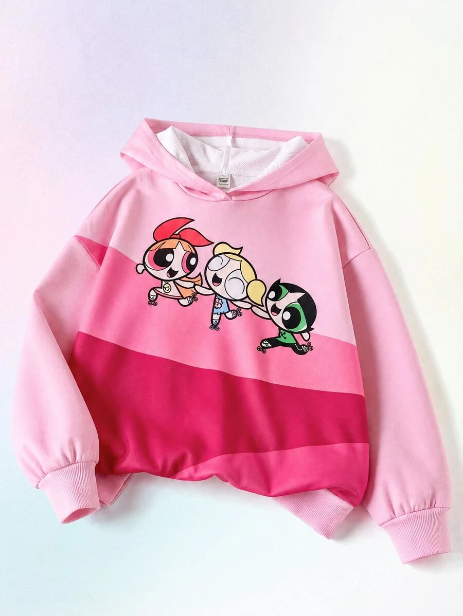 THE POWERPUFF GIRLS X SHEIN Tween Girl Cartoon Print Long Sleeve Casual Sweatshirt - Pink - View 1
