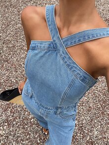 Dazy Tall Women's Vacation Style Fashionable Sexy Pocket Jumpsuit - Medium Wash - View 7