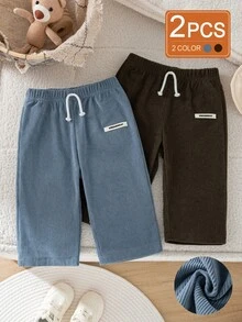 SHEIN Vintaside Kids 2件組幼兒男童燈芯絨長褲 學院風可愛棕色與藍色抽繩彈性腰羅紋直筒寬腿戶外秋季聖誕假期褲 - 彩色 - 查看 3