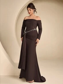 Coutiva Plus Size Elegant Luxury Rhinestone Pleated Off-Shoulder Evening Gown Dress - Coffee Brown - View 9