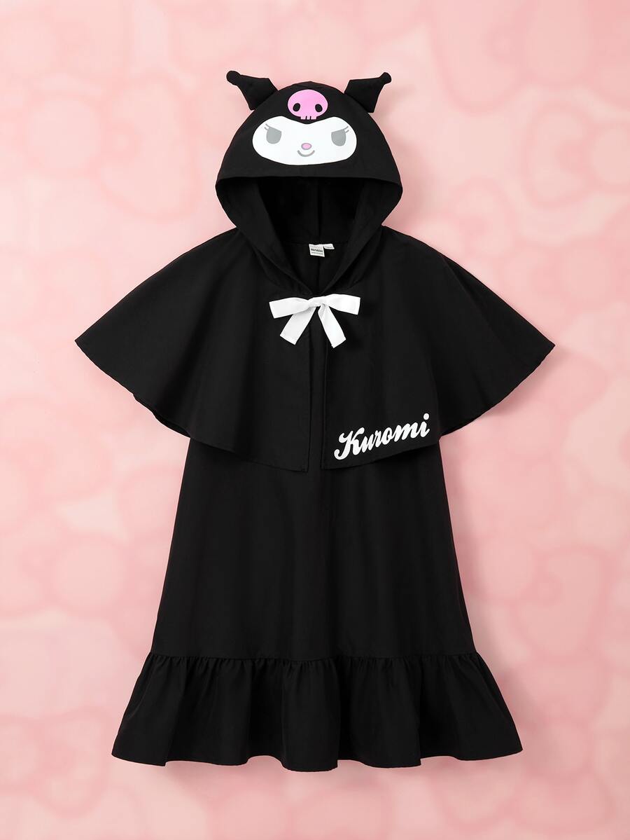 HELLO KITTY AND FRIENDS | SHEIN Tween Girl Letter Print Hooded Cape Dress - Black - View 1