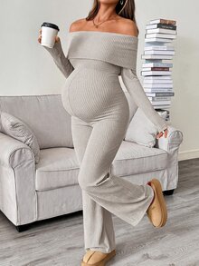SHEIN 孕婦純色露肩長袖喇叭褲腳連身褲 - 杏色 - 查看 7