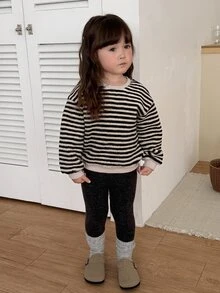 DAZY Infant (Girl) Round Neck Striped Korean Style Long Sleeve Sweatshirt Set - Apricot - View 5