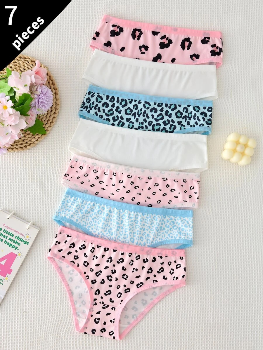 Girl Pink Leopard Print Combination Panties 7pcs Set - Multicolor - View 1