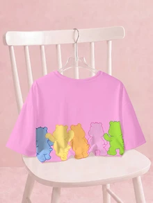 SHEIN X Care Bears 女款卡通印花圓領短版T恤 - 白色 - 查看 2