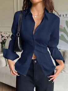 SHEIN EZwear 100%純棉海軍藍女款休閒百搭修身長袖襯衫，前扣鈕扣、後腰綁帶設計，適合秋冬穿著 - 藏蓝色 - 查看 2