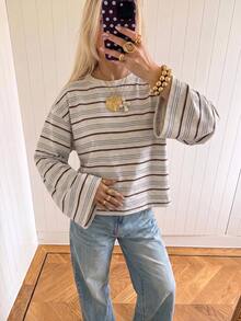 SHEIN EZwear 女款休閒海外風長袖條紋T恤，秋季上衣，適合日常通勤、聚會、秋冬夏季、聖誕節、新年、感恩節、派對、婚禮、海灘、畢業典禮、優雅、外出、約會、通勤、情人節、優雅、度假、Y2K、畢業典禮等場合 - 彩色 - 查看 5