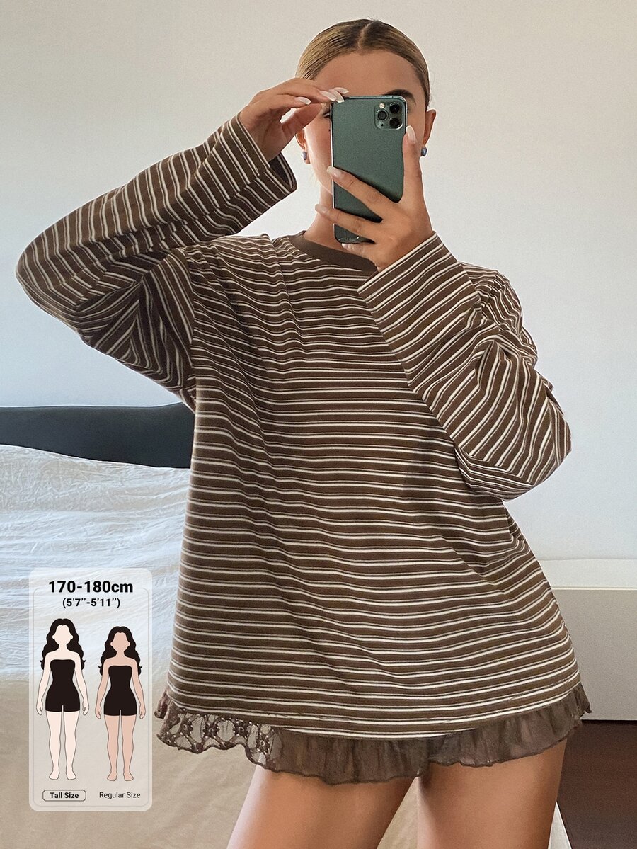 Dazy Tall Women's Round Neck Loose Striped Lace Patchwork Urban Casual T-Shirt - Brown - View 1