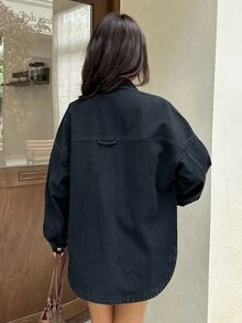 Rivivi 女款單排扣休閒牛仔夾克，適合日常穿著 - 黑色 - 查看 2