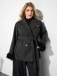 Plus Size Women's Knotted Waist Casual Daily Overcoat - Grey - View 1