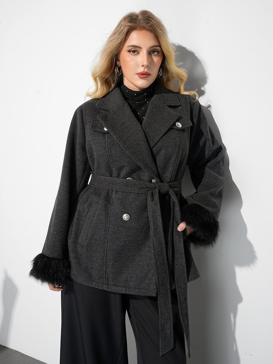 Plus Size Women's Knotted Waist Casual Daily Overcoat - Grey - View 1