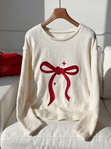 Comfortcana Plus Size Women's Bow Pattern Casual Daily Long Sleeve T-Shirt - White - View 3