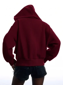 LYSMO Women's Long Sleeve Zipper & Button Design Hooded Sweatshirt - Burgundy - View 2